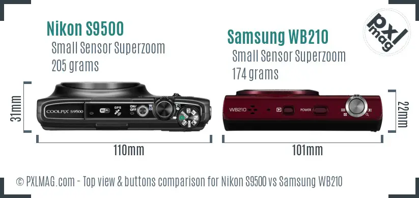 Nikon S9500 vs Samsung WB210 top view buttons comparison