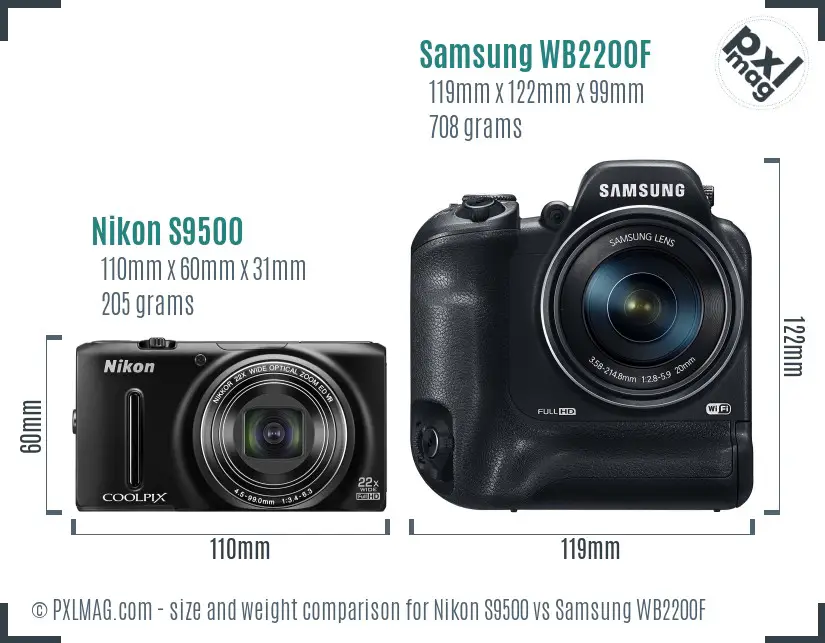 Nikon S9500 vs Samsung WB2200F size comparison