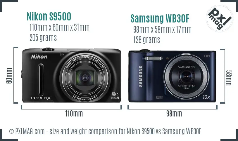 Nikon S9500 vs Samsung WB30F size comparison