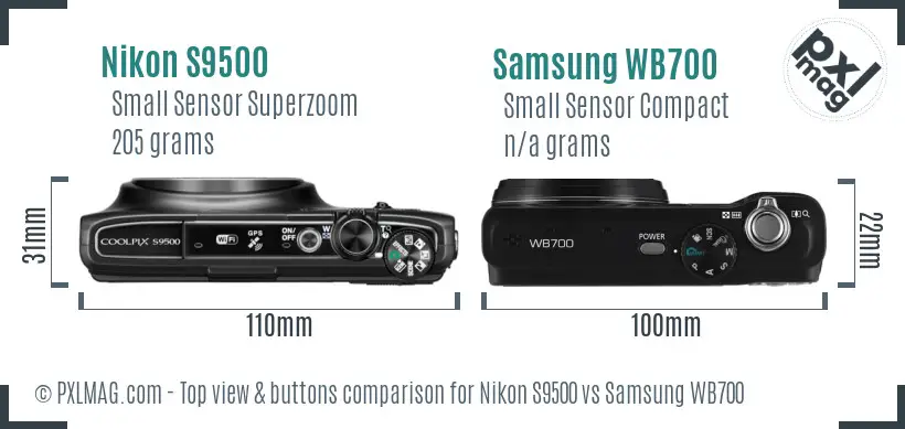 Nikon S9500 vs Samsung WB700 top view buttons comparison