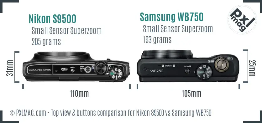 Nikon S9500 vs Samsung WB750 top view buttons comparison