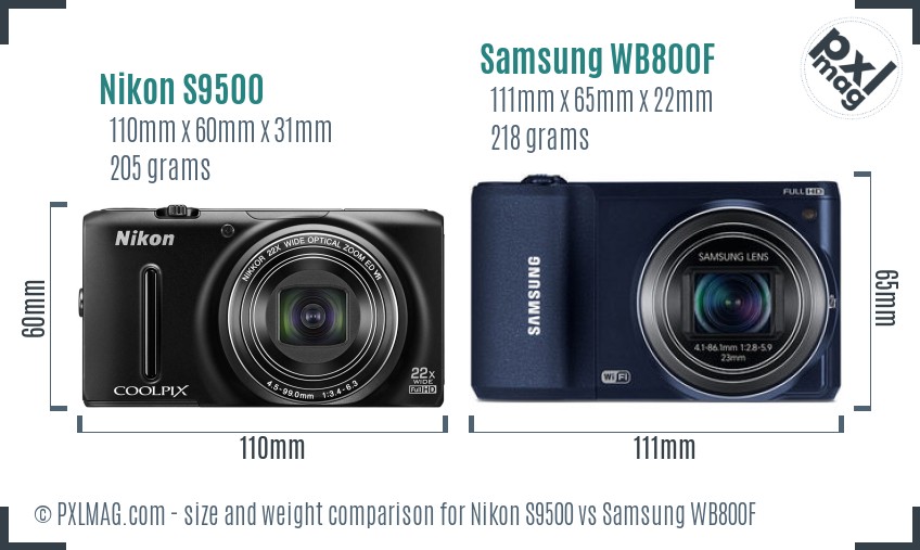 Nikon S9500 vs Samsung WB800F size comparison