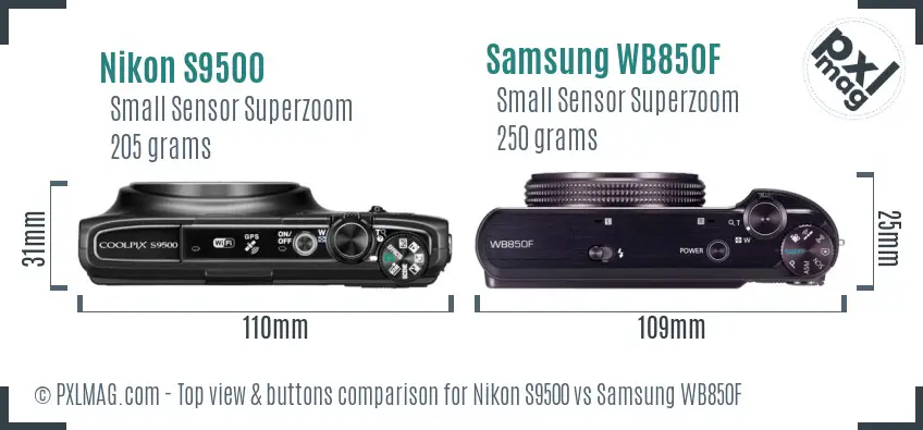 Nikon S9500 vs Samsung WB850F top view buttons comparison Nikon S9500 vs Samsung WB850F top view buttons comparison