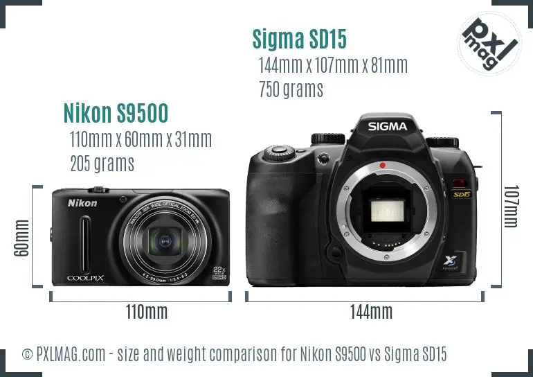 Nikon S9500 vs Sigma SD15 size comparison