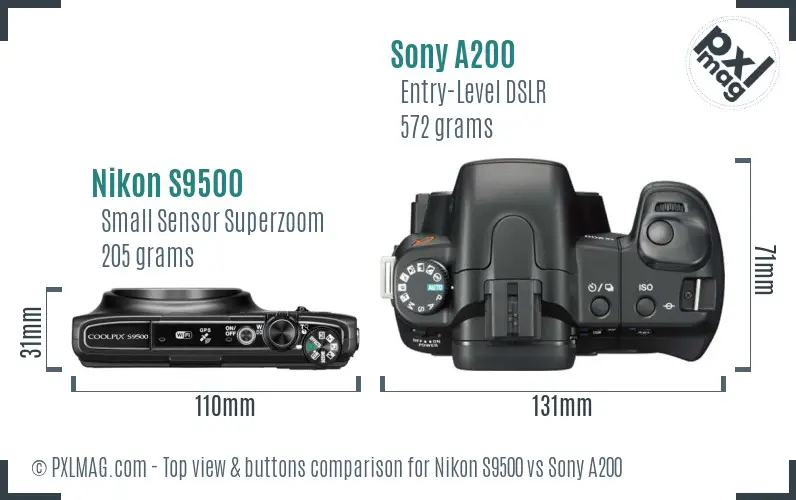 Nikon S9500 vs Sony A200 top view buttons comparison Nikon S9500 vs Sony A200 top view buttons comparison