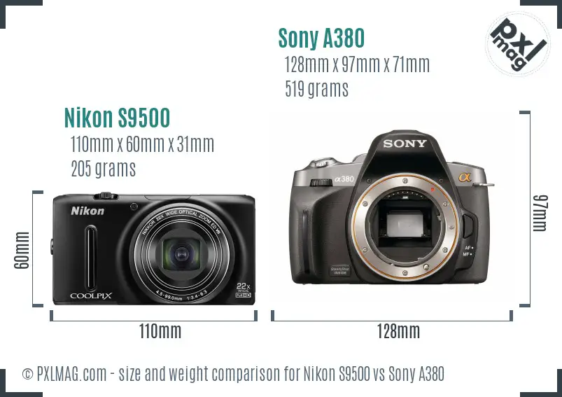 Nikon S9500 vs Sony A380 size comparison