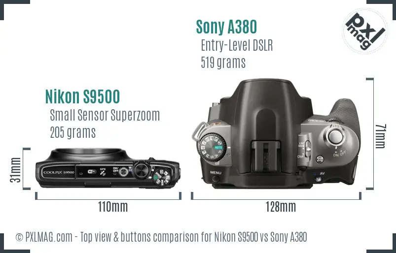 Nikon S9500 vs Sony A380 top view buttons comparison
