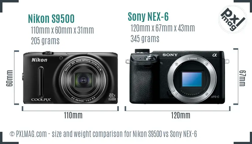 Nikon S9500 vs Sony NEX-6 size comparison