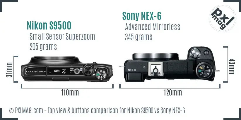 Nikon S9500 vs Sony NEX-6 top view buttons comparison