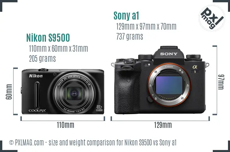 Nikon S9500 vs Sony a1 size comparison