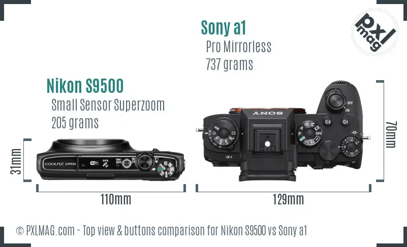 Nikon S9500 vs Sony a1 top view buttons comparison