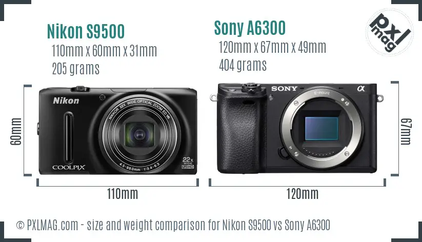 Nikon S9500 vs Sony A6300 size comparison Nikon S9500 vs Sony A6300 size comparison