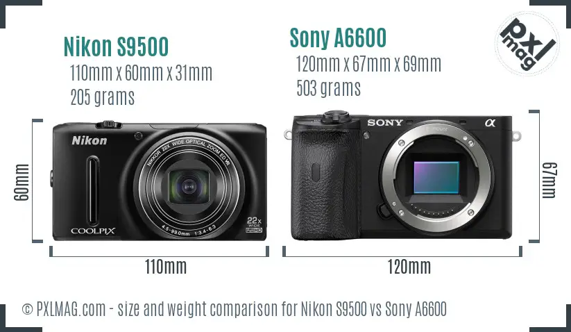 Nikon S9500 vs Sony A6600 size comparison