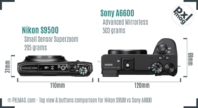 Nikon S9500 vs Sony A6600 top view buttons comparison