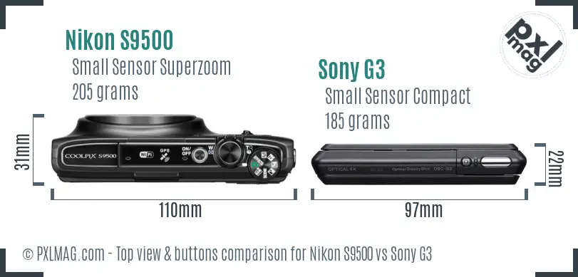 Nikon S9500 vs Sony G3 top view buttons comparison