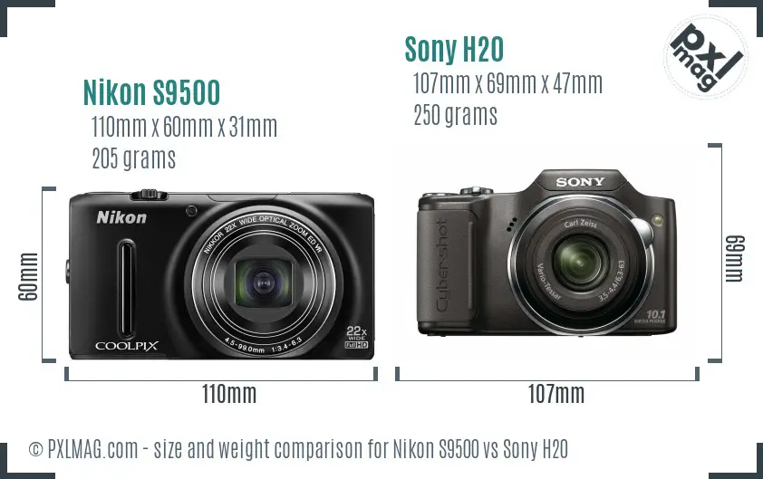 Nikon S9500 vs Sony H20 size comparison