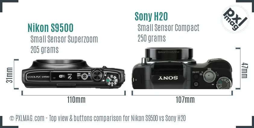 Nikon S9500 vs Sony H20 top view buttons comparison