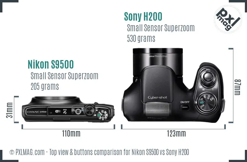 Nikon S9500 vs Sony H200 top view buttons comparison