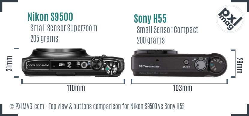 Nikon S9500 vs Sony H55 top view buttons comparison