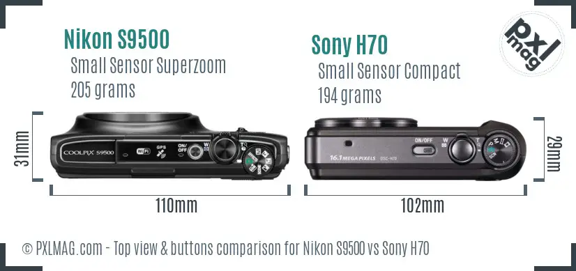 Nikon S9500 vs Sony H70 top view buttons comparison Nikon S9500 vs Sony H70 top view buttons comparison