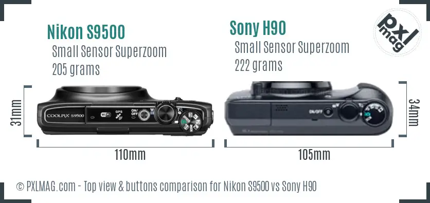 Nikon S9500 vs Sony H90 top view buttons comparison Nikon S9500 vs Sony H90 top view buttons comparison