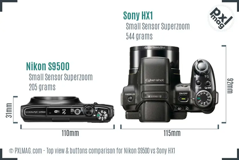 Nikon S9500 vs Sony HX1 top view buttons comparison