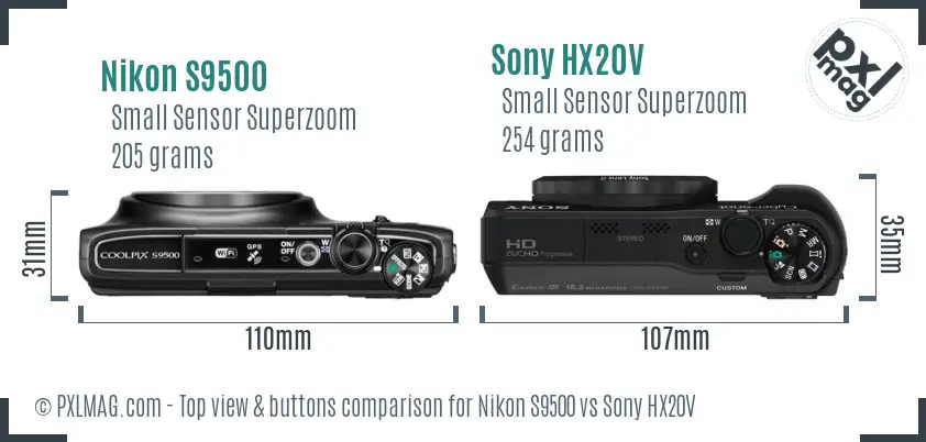 Nikon S9500 vs Sony HX20V top view buttons comparison Nikon S9500 vs Sony HX20V top view buttons comparison