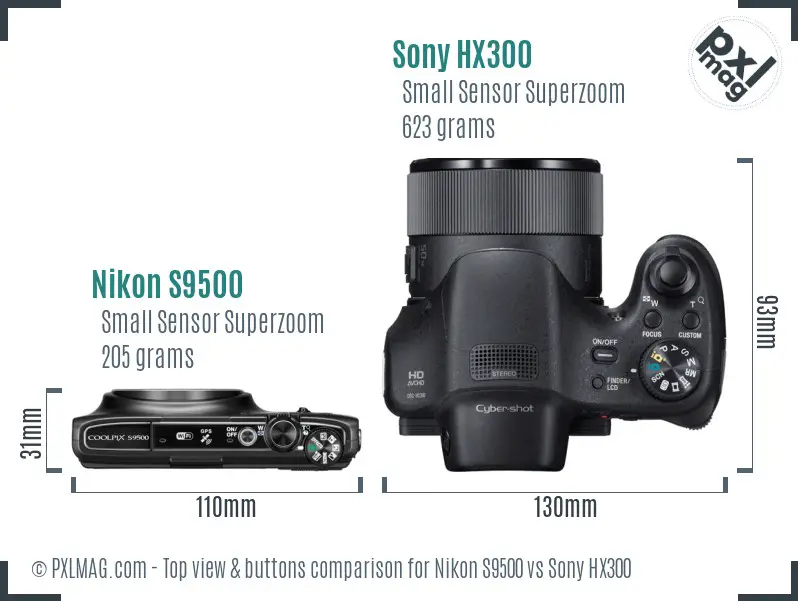 Nikon S9500 vs Sony HX300 top view buttons comparison