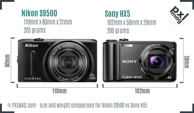 Nikon S9500 vs Sony HX5 size comparison