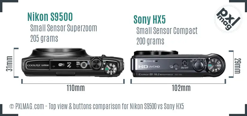 Nikon S9500 vs Sony HX5 top view buttons comparison