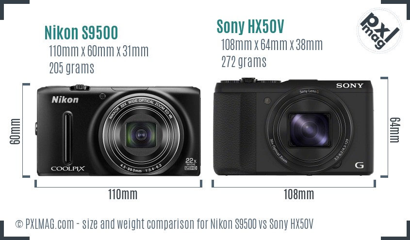 Nikon S9500 vs Sony HX50V size comparison