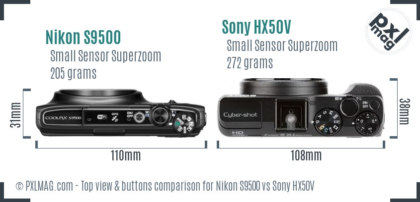 Nikon S9500 vs Sony HX50V top view buttons comparison