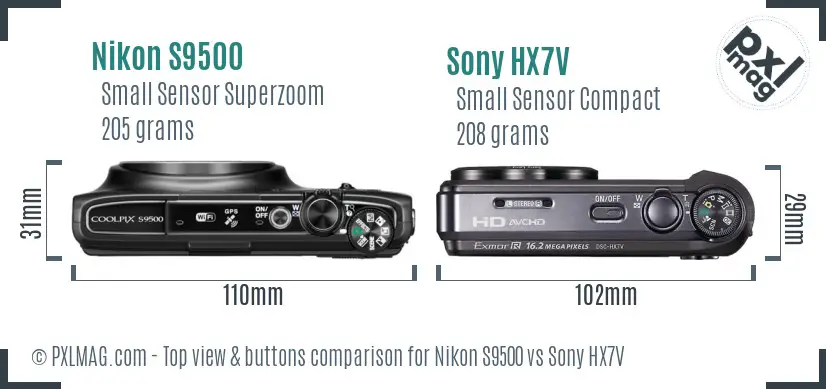 Nikon S9500 vs Sony HX7V top view buttons comparison Nikon S9500 vs Sony HX7V top view buttons comparison