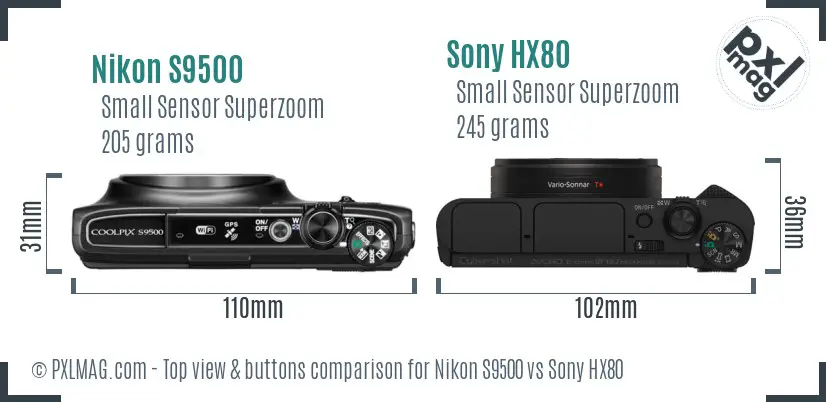 Nikon S9500 vs Sony HX80 top view buttons comparison