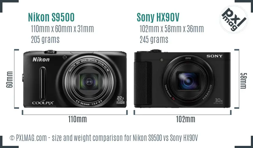 Nikon S9500 vs Sony HX90V size comparison