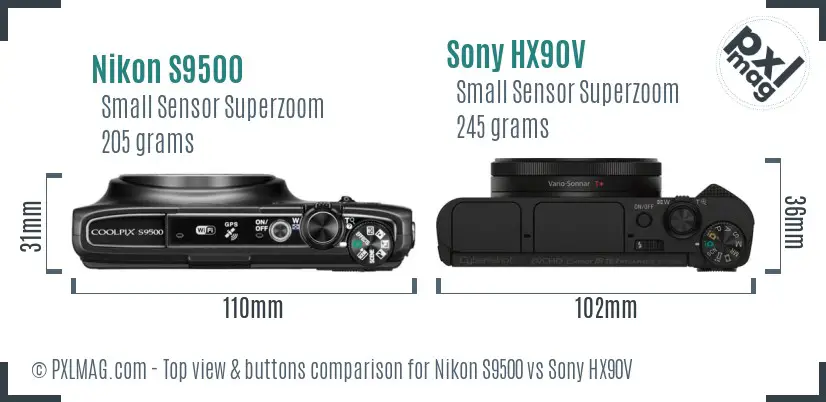Nikon S9500 vs Sony HX90V top view buttons comparison