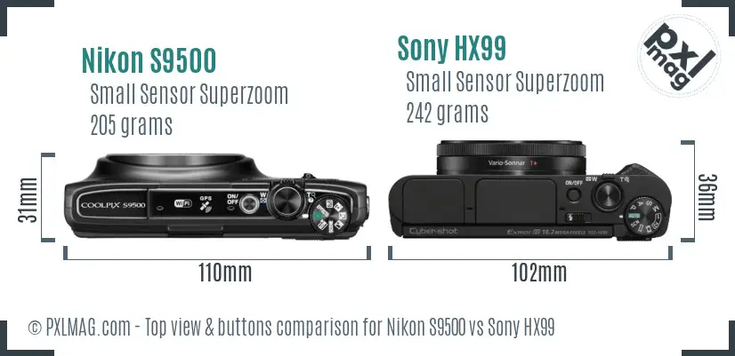Nikon S9500 vs Sony HX99 top view buttons comparison