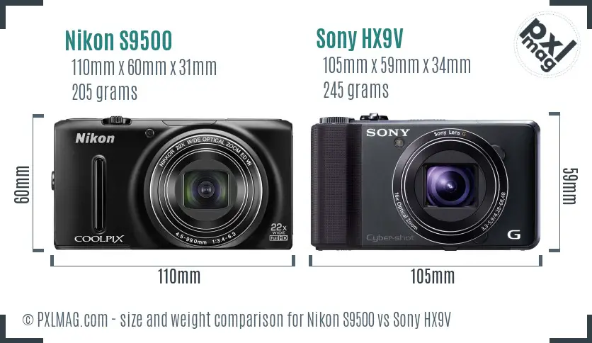 Nikon S9500 vs Sony HX9V size comparison