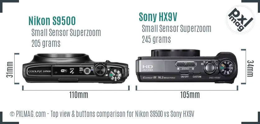 Nikon S9500 vs Sony HX9V top view buttons comparison