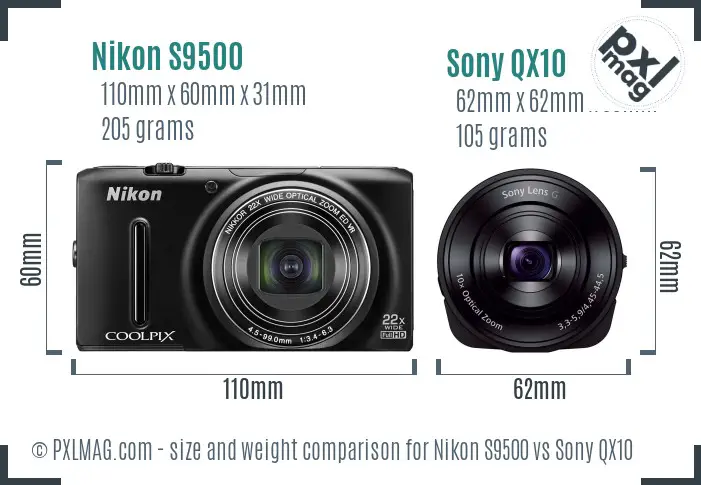 Nikon S9500 vs Sony QX10 size comparison