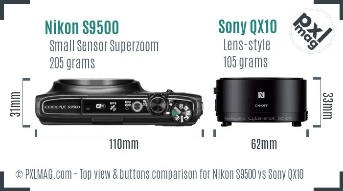 Nikon S9500 vs Sony QX10 top view buttons comparison