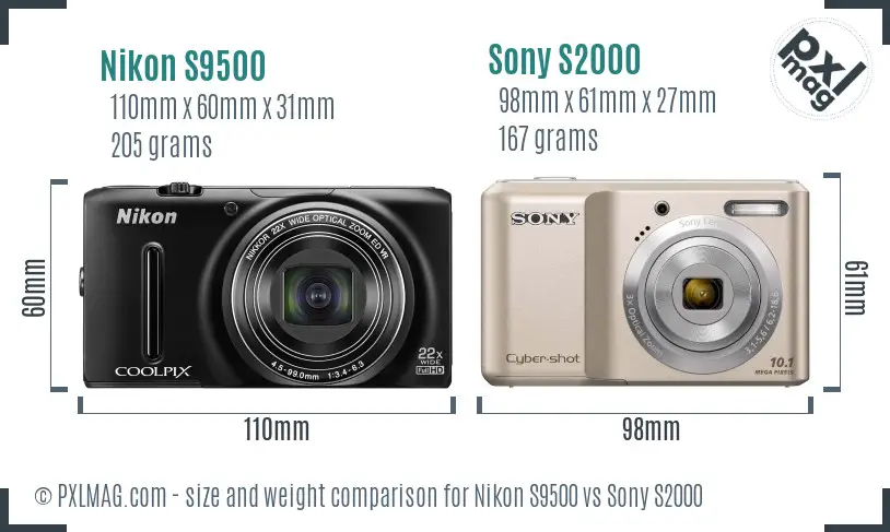 Nikon S9500 vs Sony S2000 size comparison