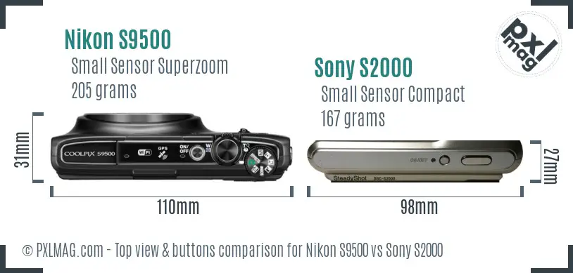 Nikon S9500 vs Sony S2000 top view buttons comparison
