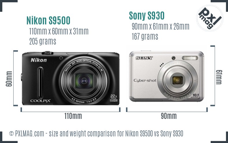 Nikon S9500 vs Sony S930 size comparison