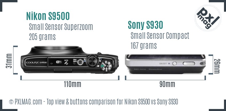 Nikon S9500 vs Sony S930 top view buttons comparison