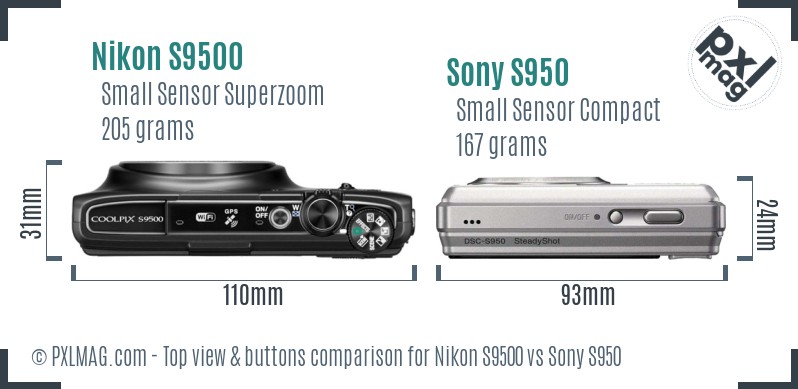 Nikon S9500 vs Sony S950 top view buttons comparison