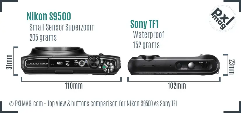 Nikon S9500 vs Sony TF1 top view buttons comparison