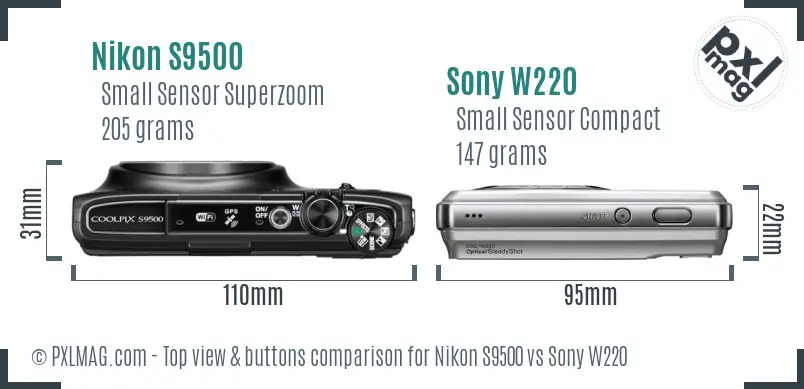 Nikon S9500 vs Sony W220 top view buttons comparison