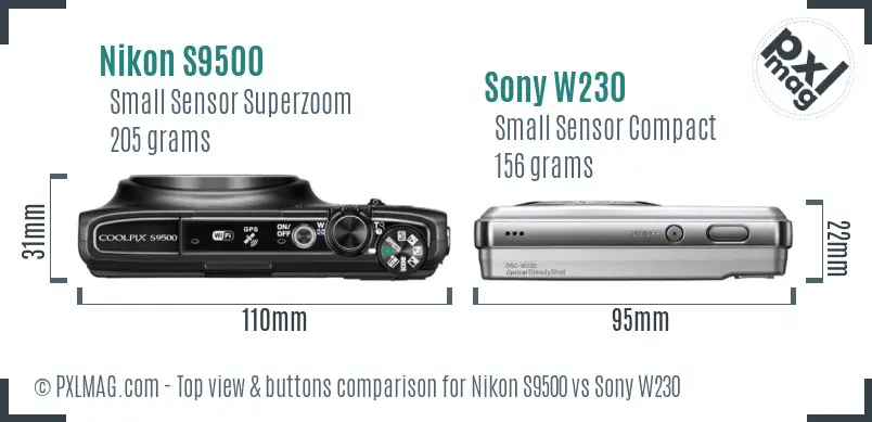 Nikon S9500 vs Sony W230 top view buttons comparison Nikon S9500 vs Sony W230 top view buttons comparison