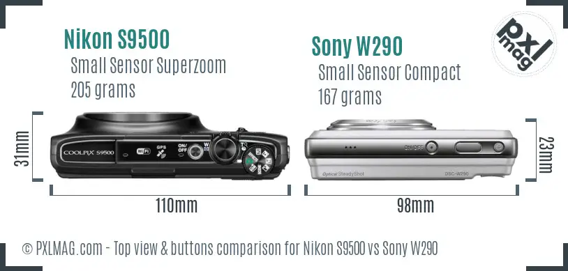 Nikon S9500 vs Sony W290 top view buttons comparison Nikon S9500 vs Sony W290 top view buttons comparison